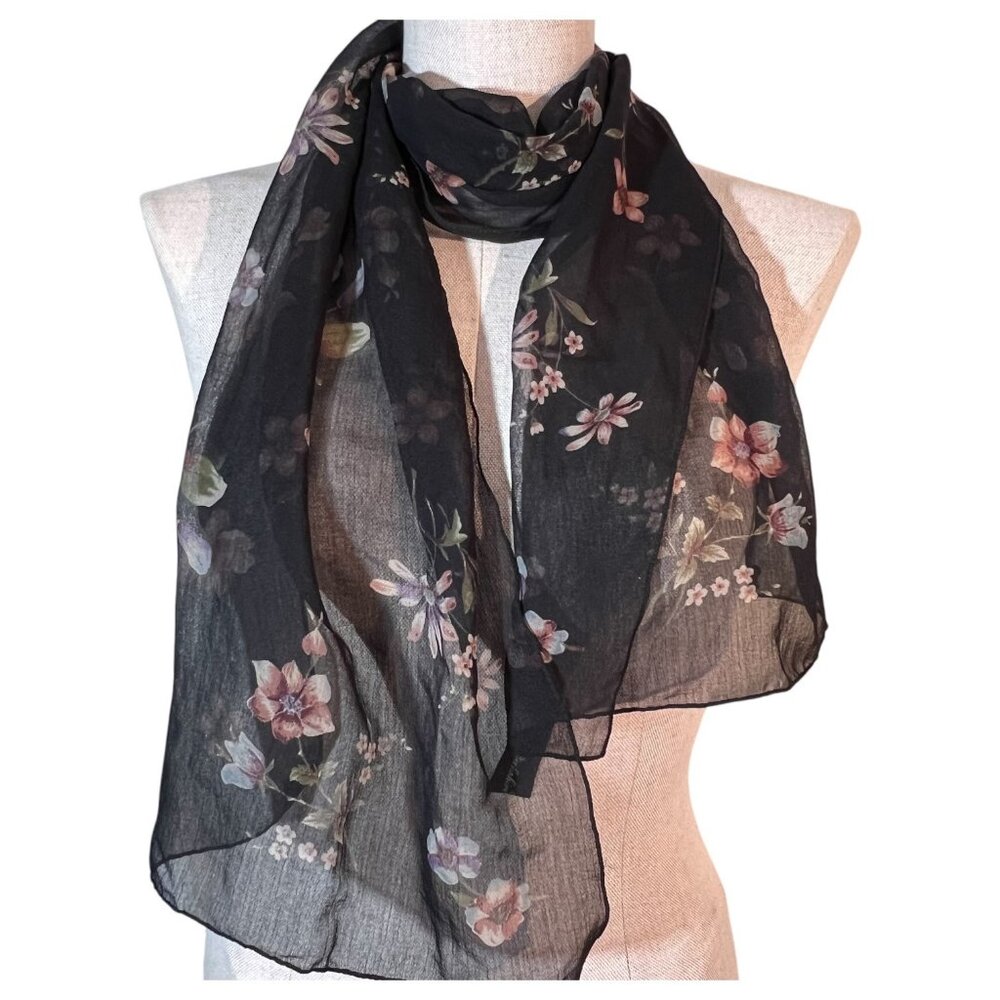 VTG Berkshire Floral Black Sheer Scarf Rectangle‎ Polyester Made In Italy Women